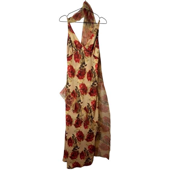 New For Love & Lemons Floral Stems Chiffon Scarf Maxi‎ Dress Red Roses Medium - Picture 4 of 9